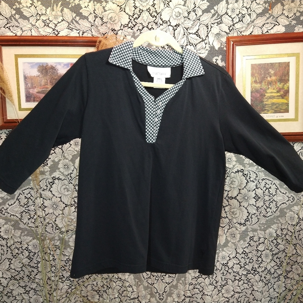 Sport Savvy black with black and white gingham on collar 3/4 sleeves 100% cotton